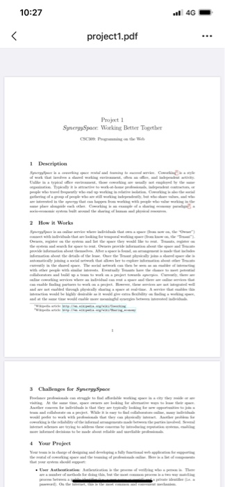 10:27 project1.pdf Project 1 SynergySpace: Working | Chegg.com