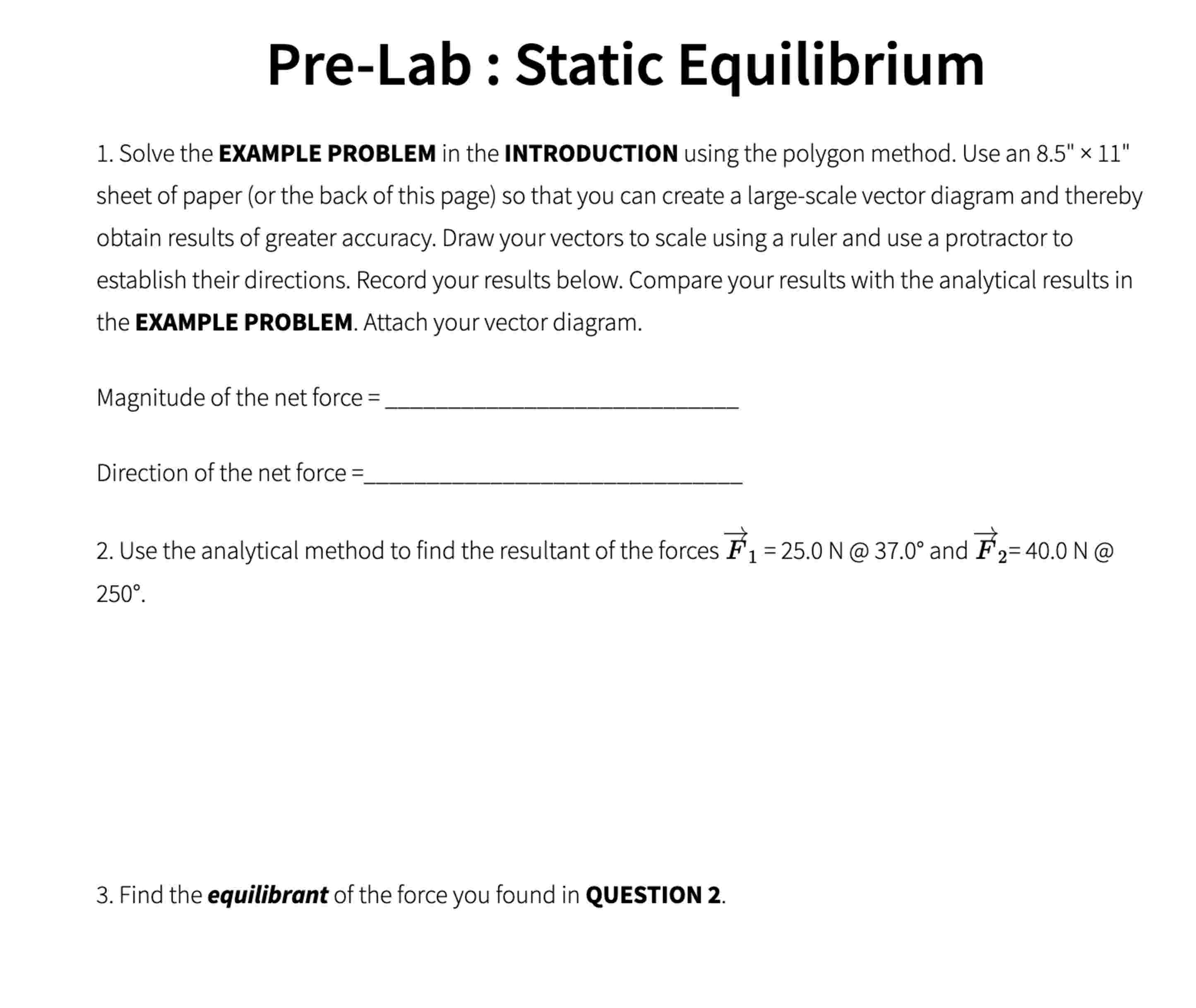 Solved Pre-Lab : Static EquilibriumSolve the EXAMPLE PROBLEM | Chegg.com