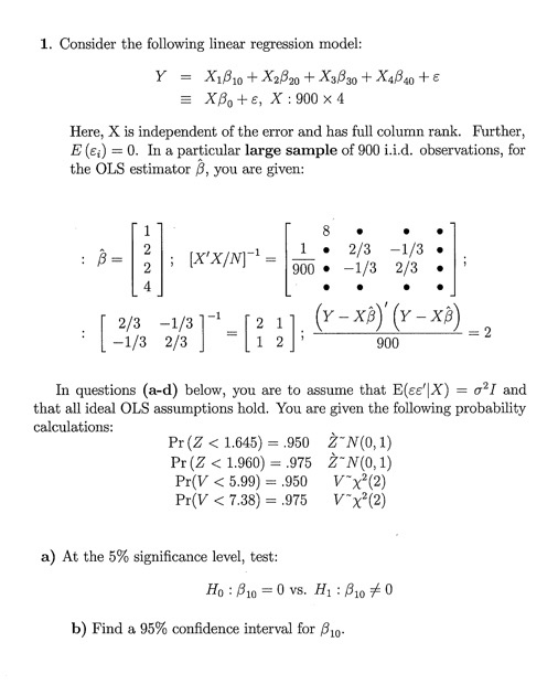 1 Consider The Following Linear Regression Model Y 4837