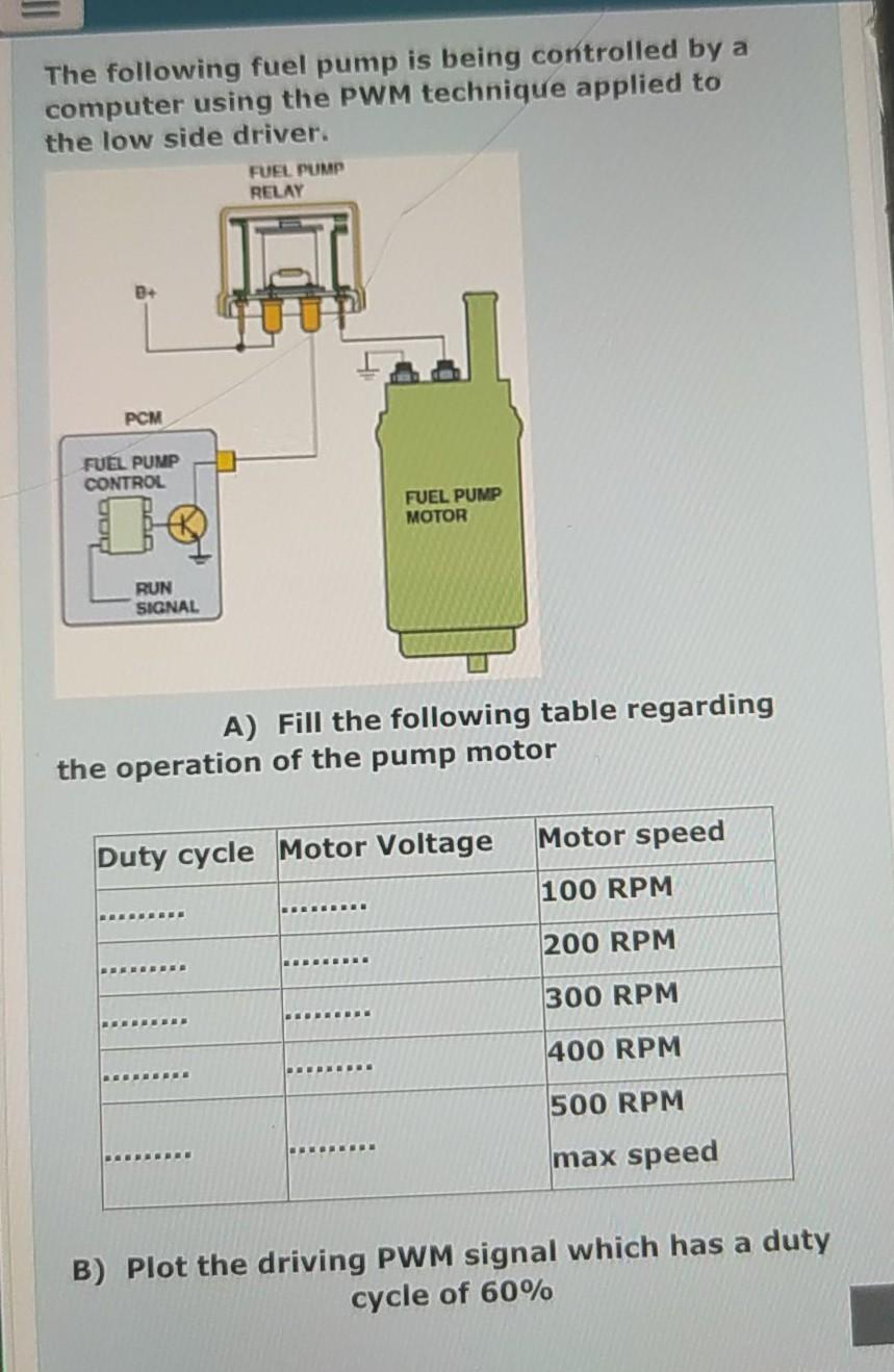 Solved The following fuel pump is being controlled by a | Chegg.com