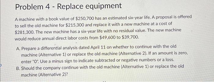 Solved Problem 4 - Replace Equipment A Machine With A Book | Chegg.com