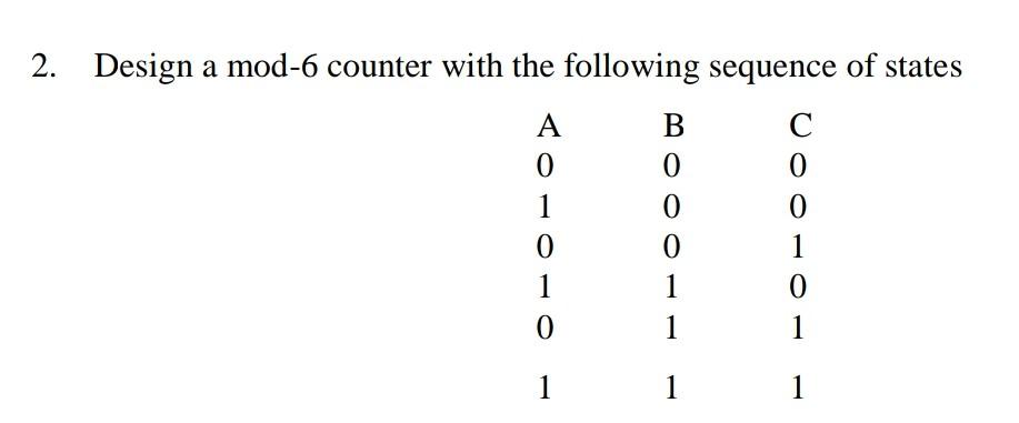 Solved 2. Design a mod-6 counter with the following sequence | Chegg.com