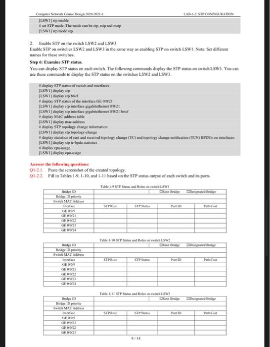 Computer Network Cound Design 2020-2021- Lab-STP | Chegg.com