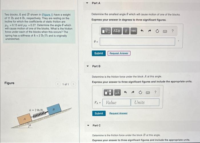 Solved Two blocks A and B shown in (Figute 1) have a weight | Chegg.com
