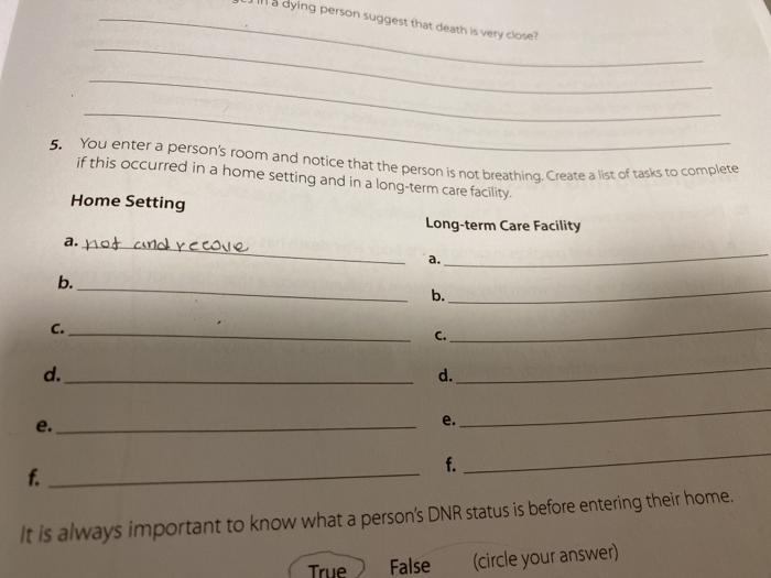 & dying person suggest that death is very done? 5. if this occurred in a home setting and in a long-term care facility You en