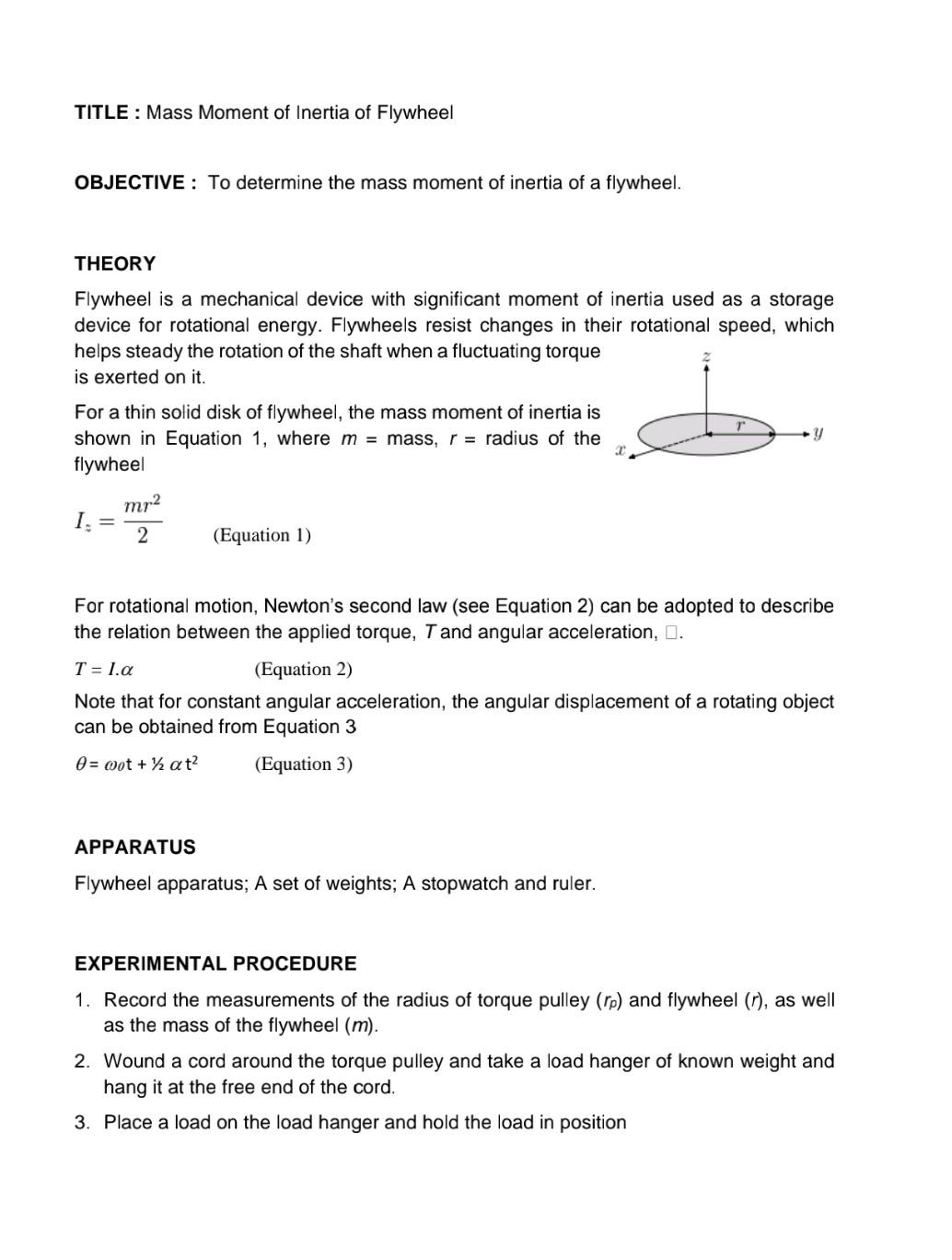 TITLE : Mass Moment of Inertia of Flywheel OBJECTIVE: | Chegg.com