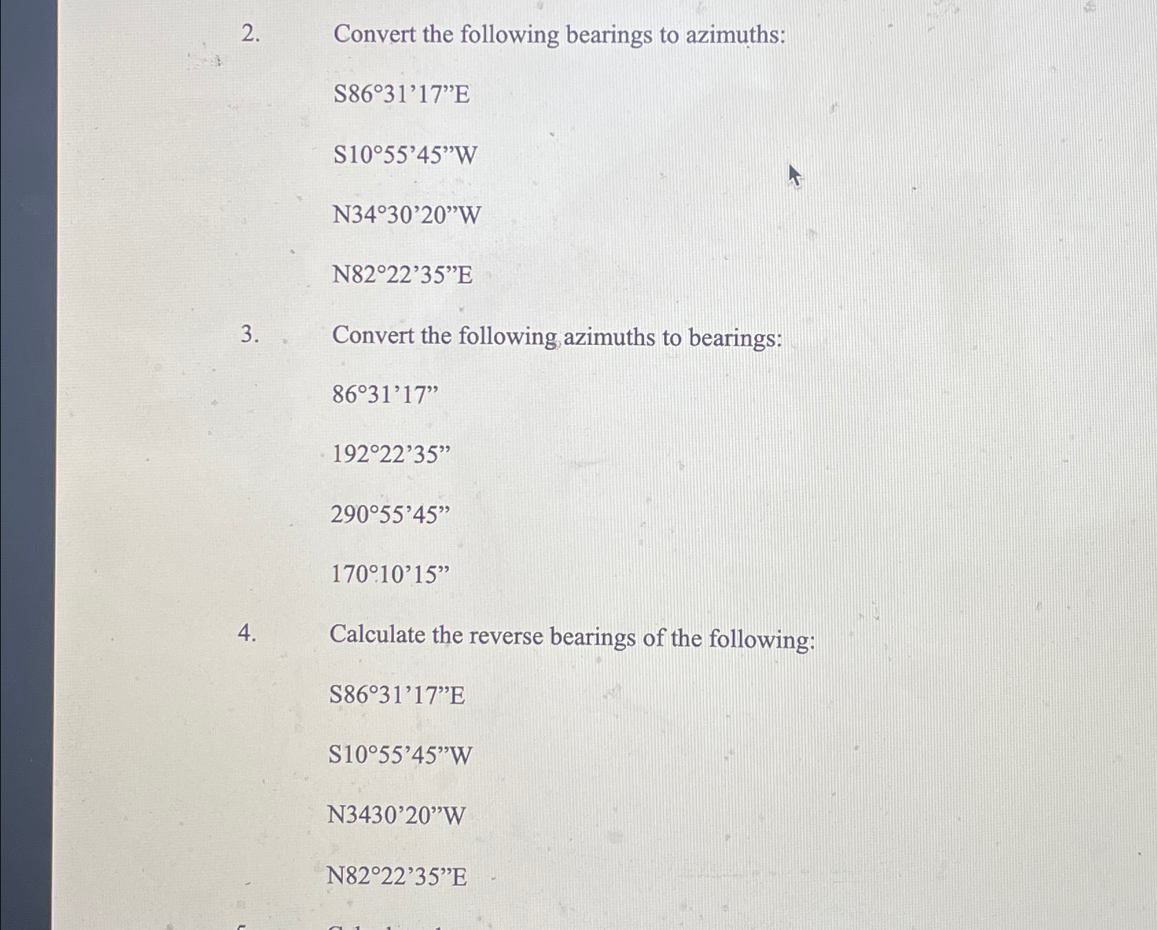 Solved Convert the following bearings to | Chegg.com