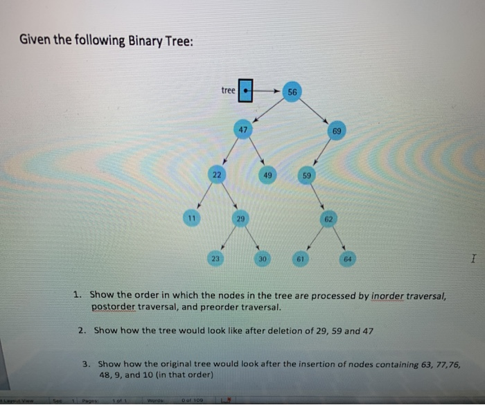 Solved Given the following Binary Tree: tree 56 47 69 22 49 | Chegg.com