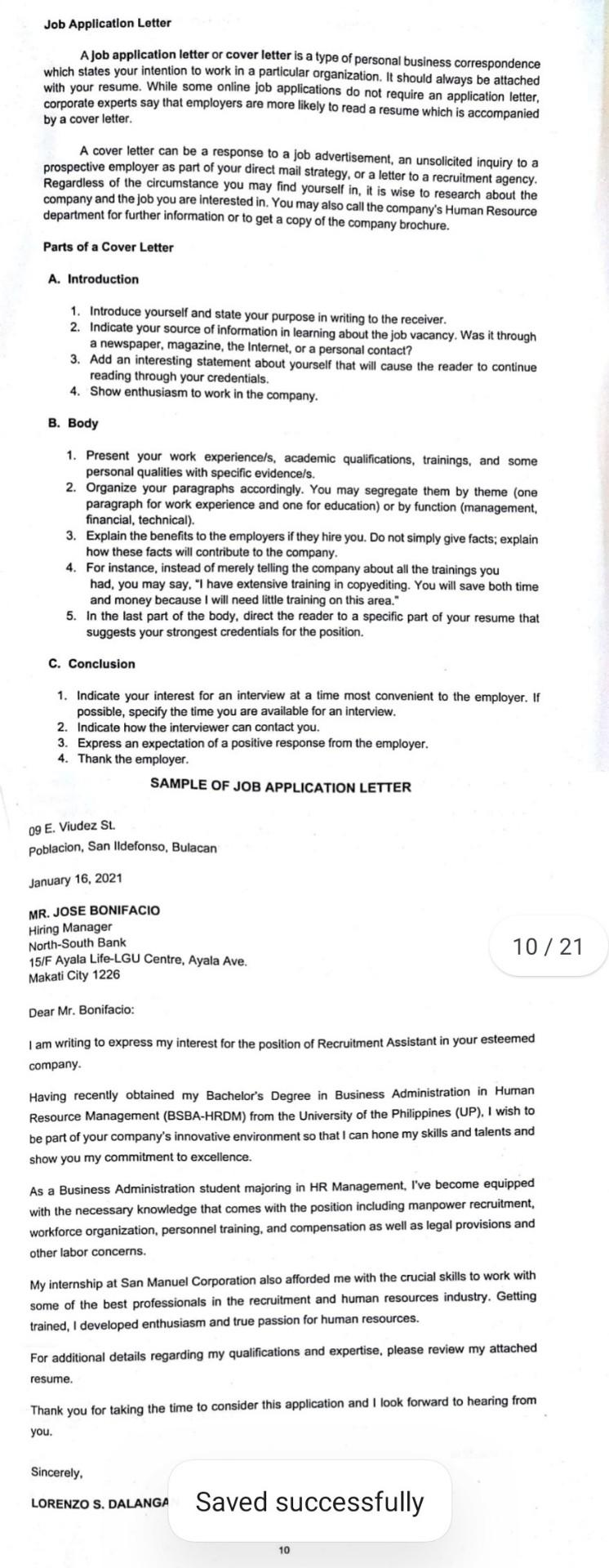 Job Application Letter A job application letter or | Chegg.com