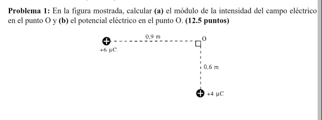 Problema 1: En la figura mostrada, calcular (a) el módulo de la intensidad del campo eléctrico en el punto \( \mathrm{O} \) y