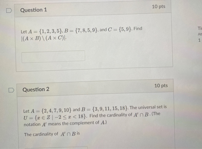 Solved 10 pts Question 1 Tit Let A = {1,2,3,5}, B = | Chegg.com