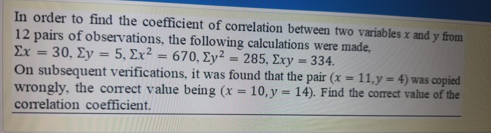 Solved In order to find the coefficient of correlation | Chegg.com