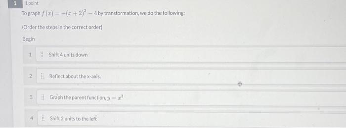 Solved To graph f(x)=−(x+2)3−4 by transformation, we do the | Chegg.com