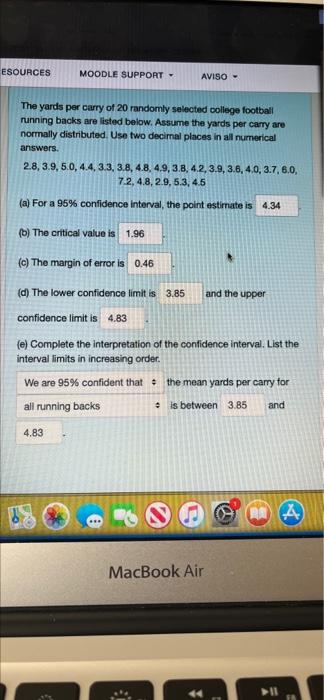 Solved ESOURCES MOODLE SUPPORT AVISO - The yards per carry | Chegg.com