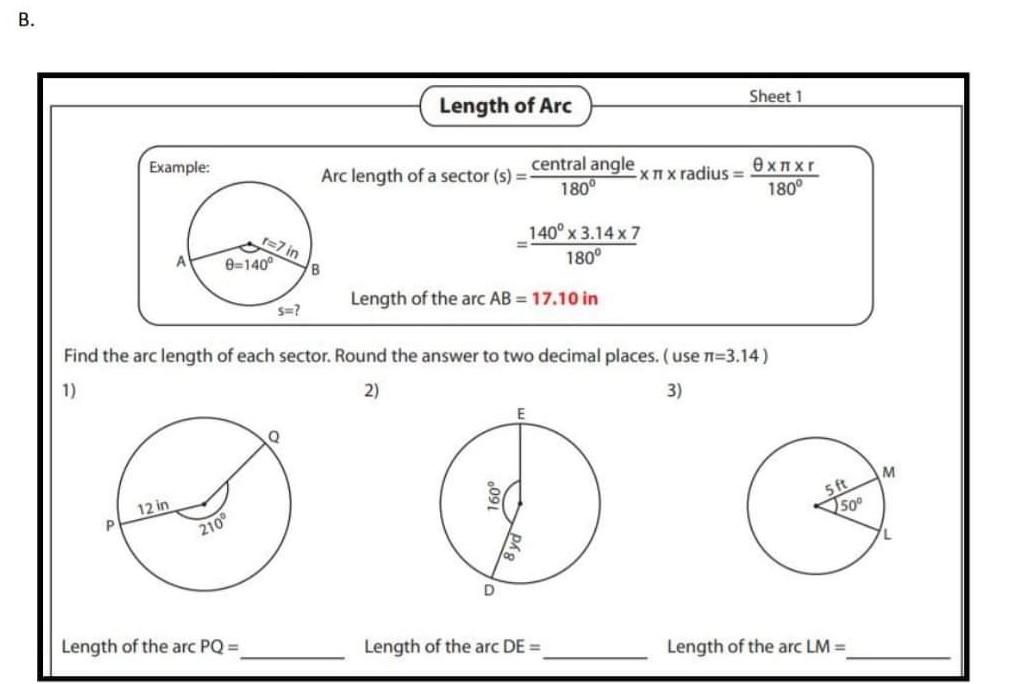 Solved B. Sheet1 Length of Arc Example: central angle Arc | Chegg.com