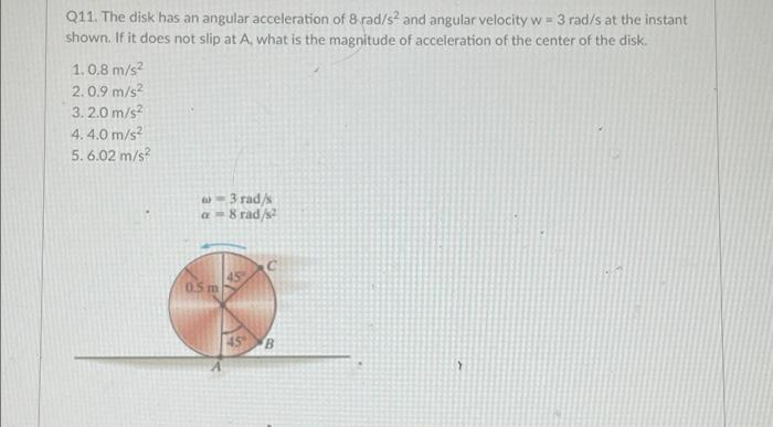 Solved Q11. The disk has an angular acceleration of 8 rad/s? | Chegg.com