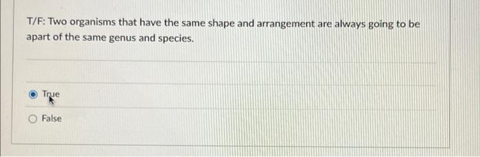 Solved T/F: Two organisms that have the same shape and | Chegg.com