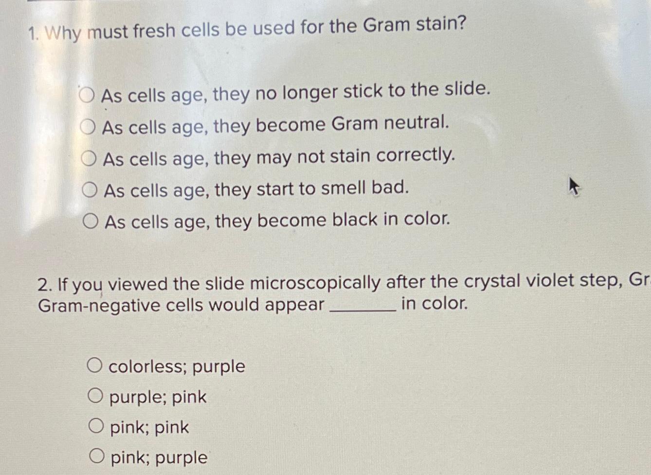 Solved Why must fresh cells be used for the Gram stain?As | Chegg.com