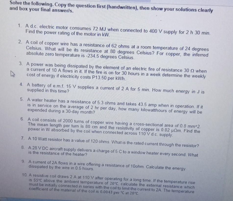 Solved 1. A d.c. electric motor consumes 72 MJ when