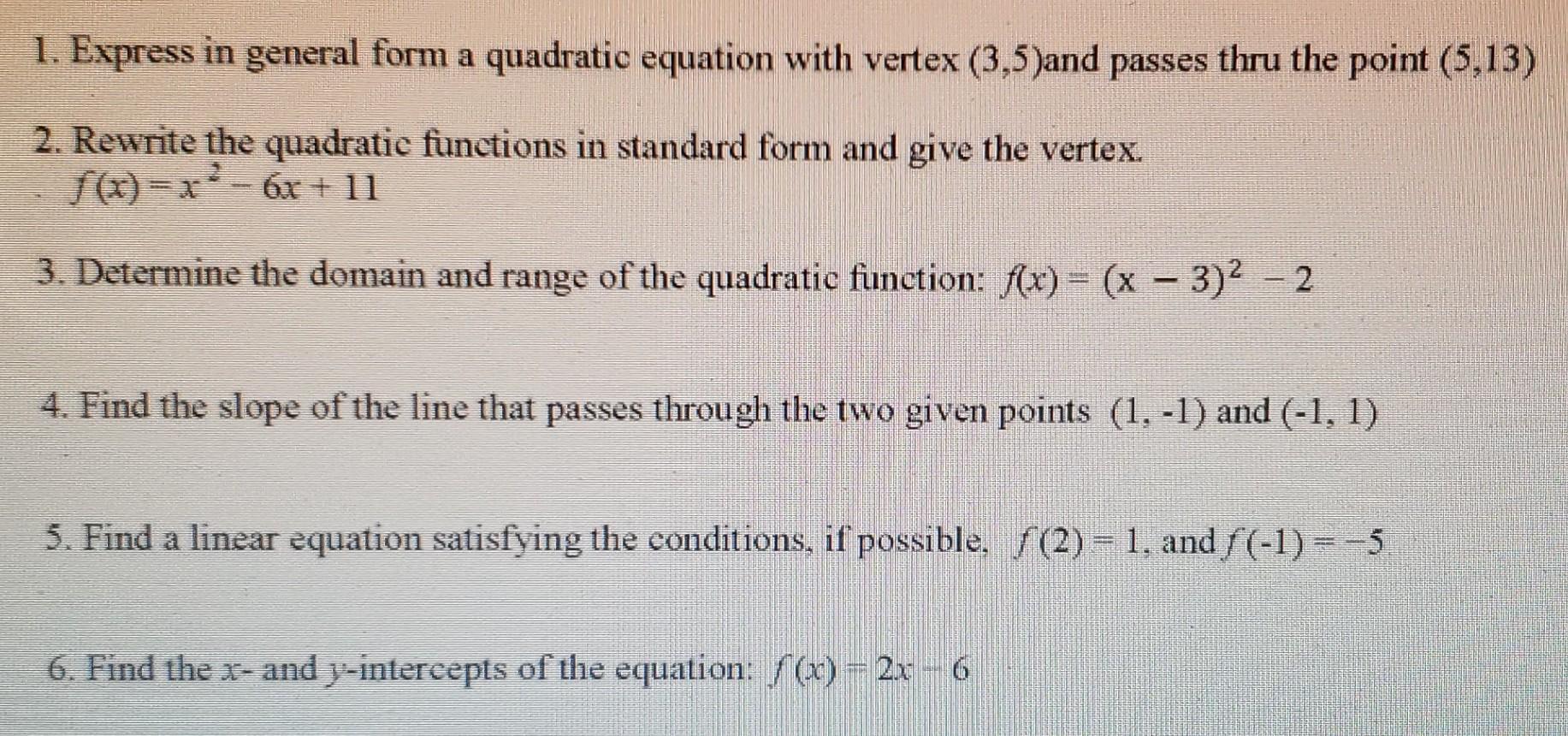 Solved 1. Express in general form a quadratic equation with | Chegg.com