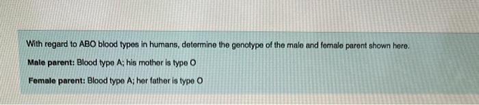 With regard to \( \mathrm{ABO} \) blood types in humans, determine the genotype of the male and female parent shown here.
Mal