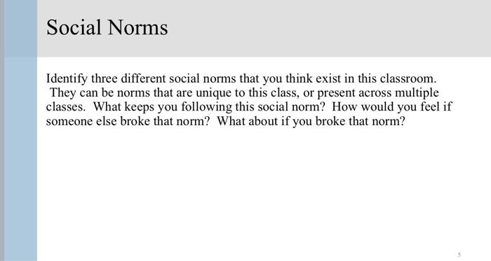 Solved Identify three different social norms that you think | Chegg.com