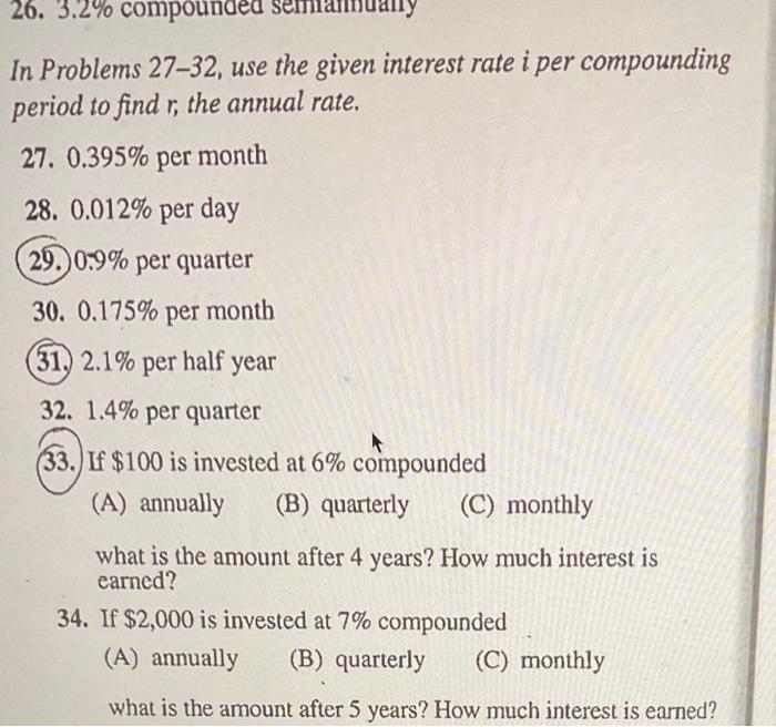 Solved 26. 3.2% compounded In Problems 27–32, use the given | Chegg.com