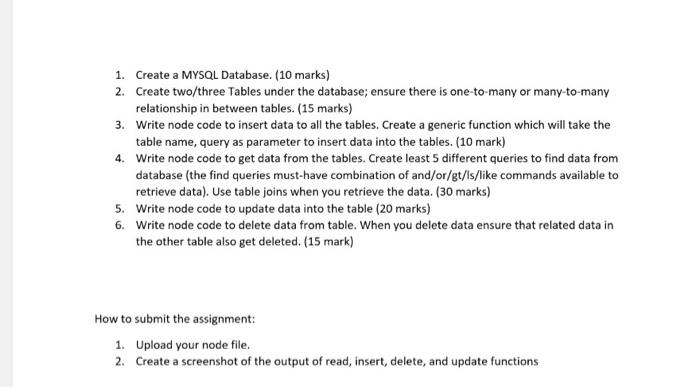 Solved 1. Create a MYSQL Database. (10 marks) 2. Create | Chegg.com
