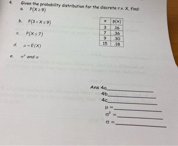 Solved 4. X Given the probability distribution for the | Chegg.com