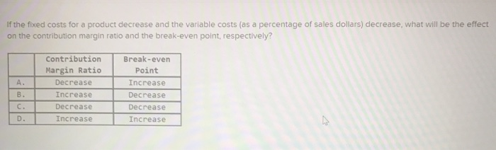 solved variable costs decrease if output Images High... Solved If the fixed costs for a product decrease and the | Chegg.com