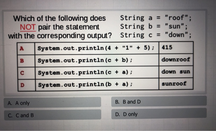 Which of the following does NOT pair the statement with the corresponding output? String a = roof; String b = sun; String