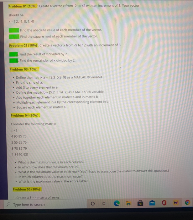 Solved Problem 01 (10%): Create a vector x from -2 to +2 | Chegg.com