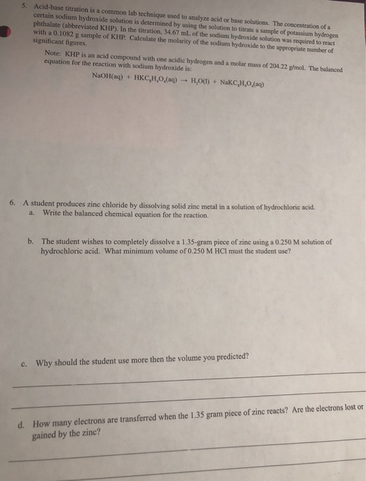 Solved 5. Acid-base titration is a common lab technique used | Chegg.com