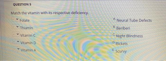 QUESTION 5 Match the vitamin with its respective deficiency. Folate A. Neural Tube Defects Thiamin B. Beriberi Vitamin C C. *