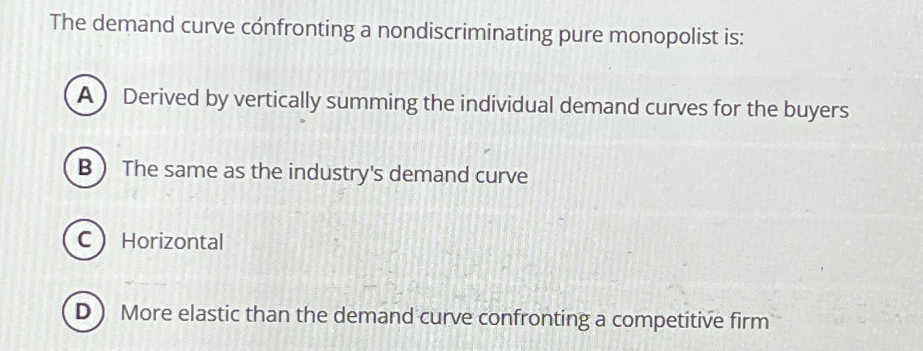 Solved The demand curve cónfronting a nondiscriminating pure | Chegg.com