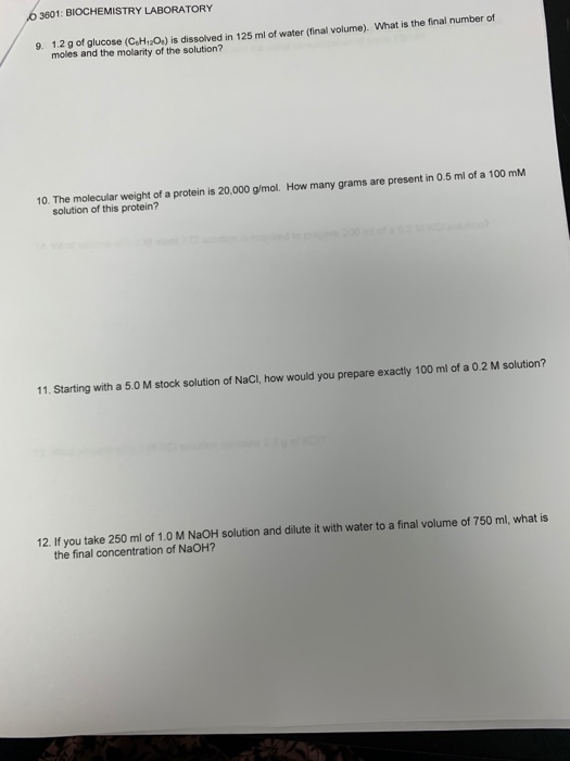 Solved BIO 3601: BIOCHEMISTRY LABORATORY DATE: NAME Problem | Chegg.com