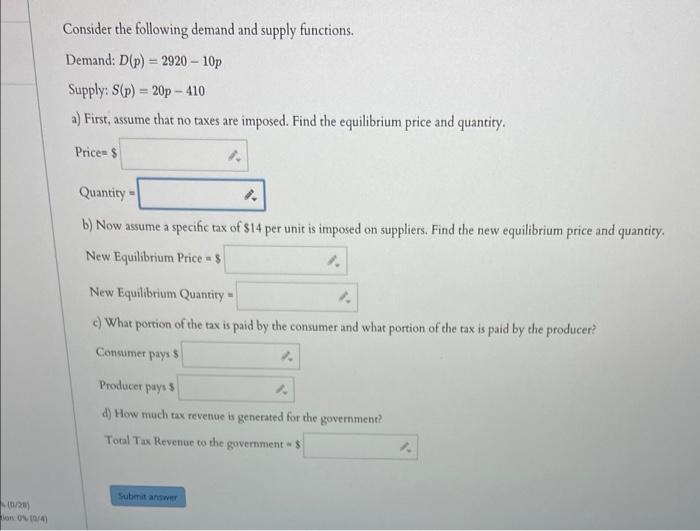 Solved Consider the following demand and supply functions. | Chegg.com