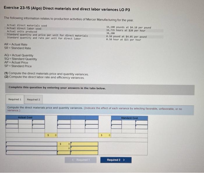 Solved Exercise 2315 (Algo) Direct materials and direct