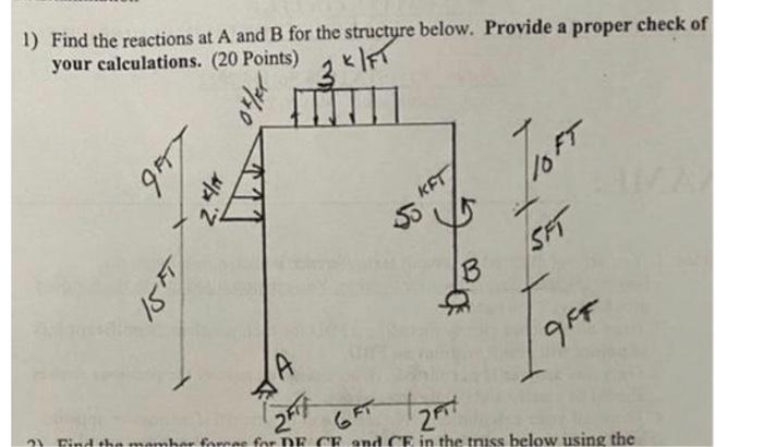 Solved 1) Find the reactions at A and B for the structure | Chegg.com