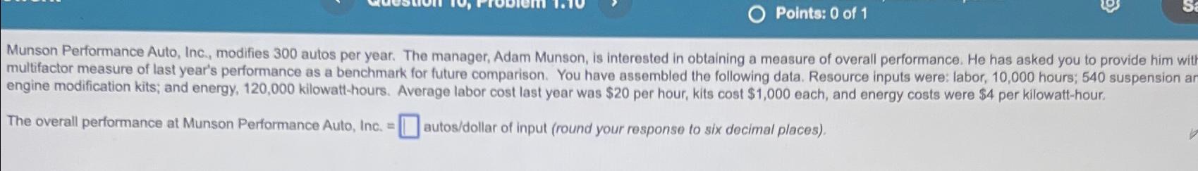 Solved Points: 0 ﻿of 1Munson Performance Auto, Inc., | Chegg.com