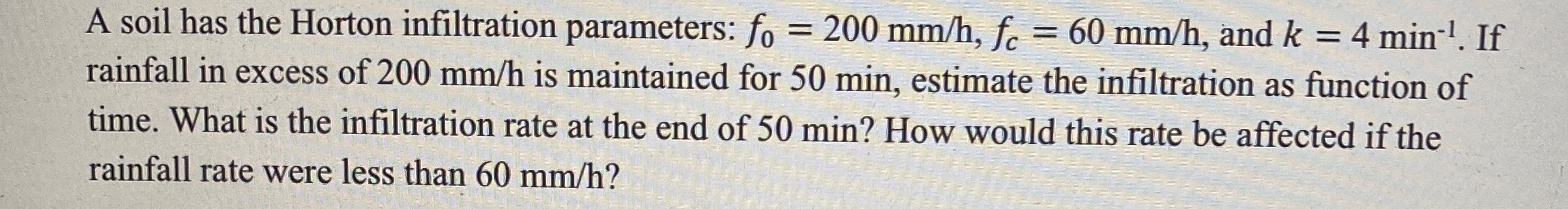 Solved A soil has the Horton infiltration parameters: | Chegg.com
