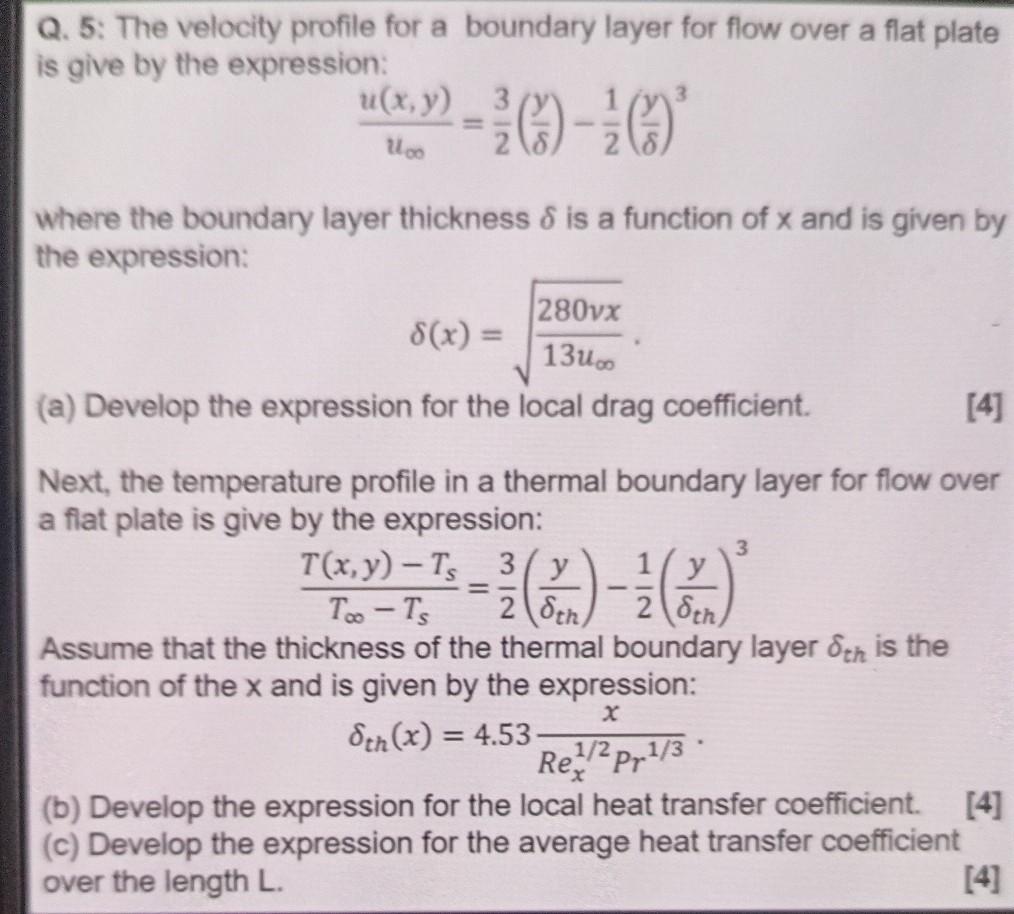 Solved Q. 5: The velocity profile for a boundary layer for | Chegg.com