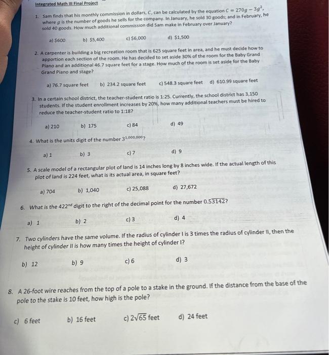 Solved Integrated Math III Final Project 1. Sam finds that | Chegg.com