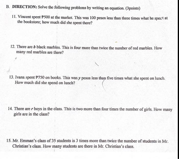 Solved B. DIRECTION: Solve the following problems by writing | Chegg.com