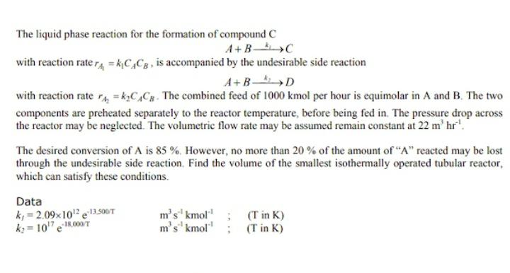 Solved The liquid phase reaction for the formation of | Chegg.com