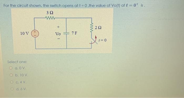 Solved For the circuit shown, the switch opens at t = 0.the | Chegg.com