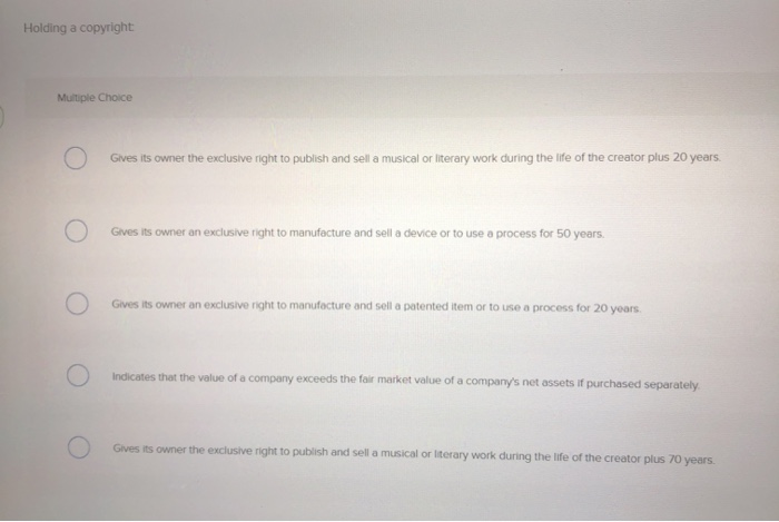 Solved Holding a copyright Multiple Choice ) Gives its owner | Chegg.com