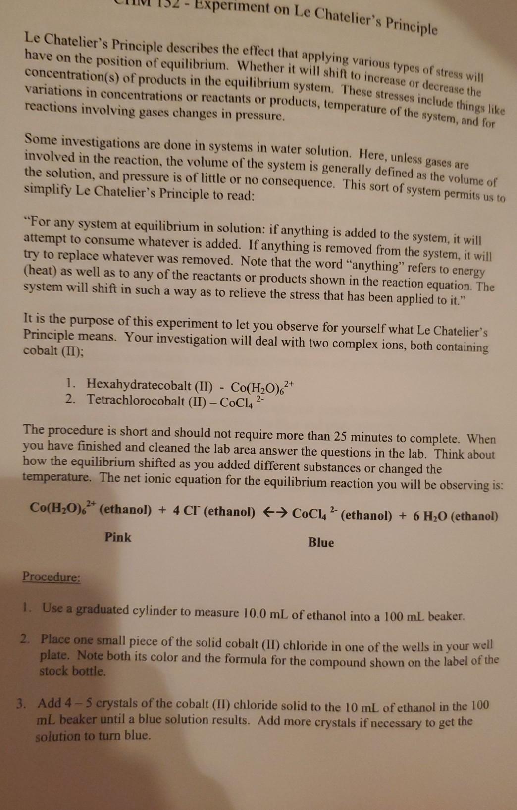 Solved Experiment on Le Chatelier's Principle Le Chatelier's