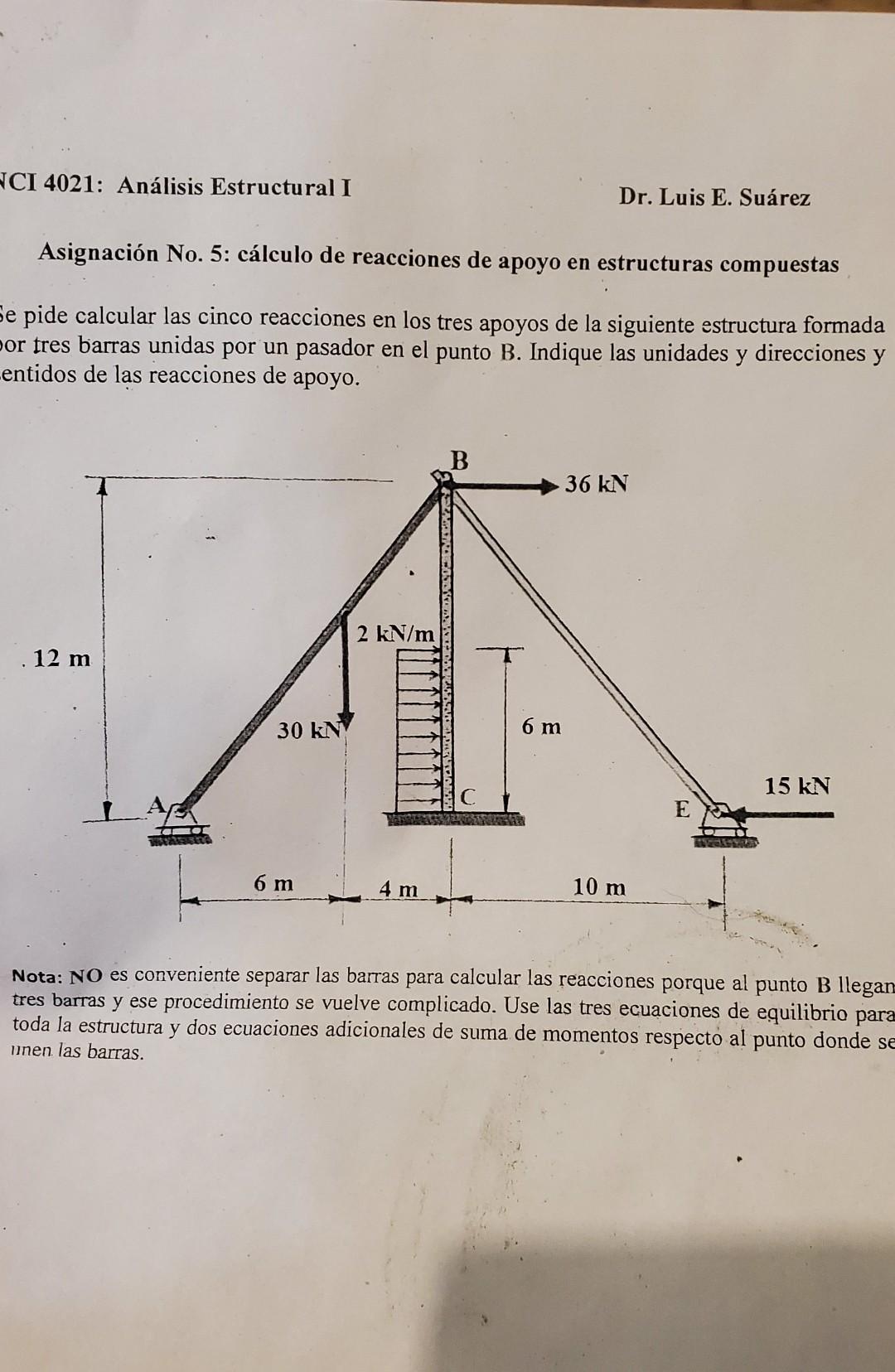 CI 4021: Análisis Estructural I Dr. Luis E. Suárez Asignación No. 5: cálculo de reacciones de apoyo en estructuras compuestas