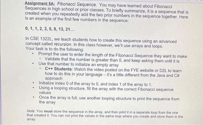 Solved Assignment 5A: Fibonacci Sequence. You may have | Chegg.com